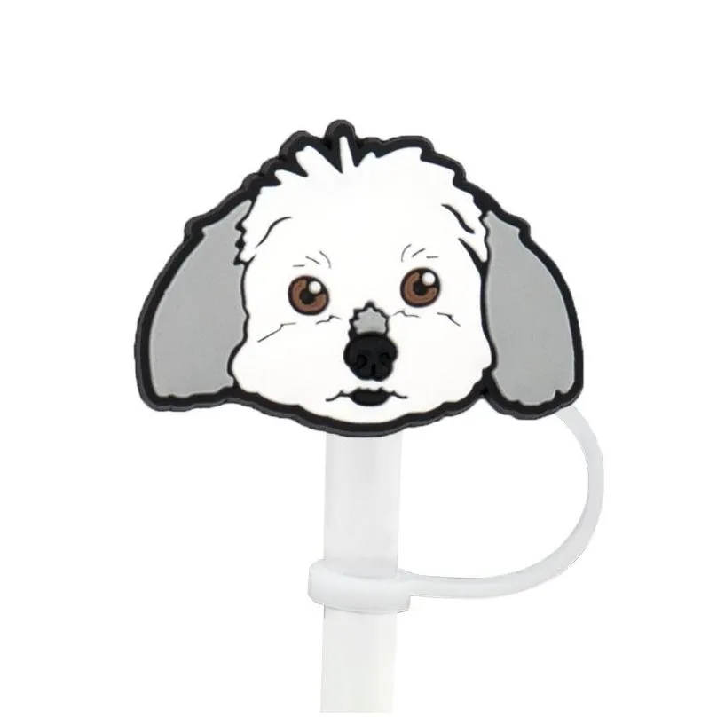 lovely dog straw cover topper silicone accessories cover charms reusable splash proof drinking dust plug decorative diy your own 8mm
