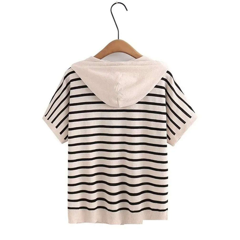 plus Size Women`s Summer T-Shirt Batwing Sleeve Hooded Jersey Stretch T-Shirt Summer Thin Striped T-Shirt For Plump Lady XL-4XL k8Xf#