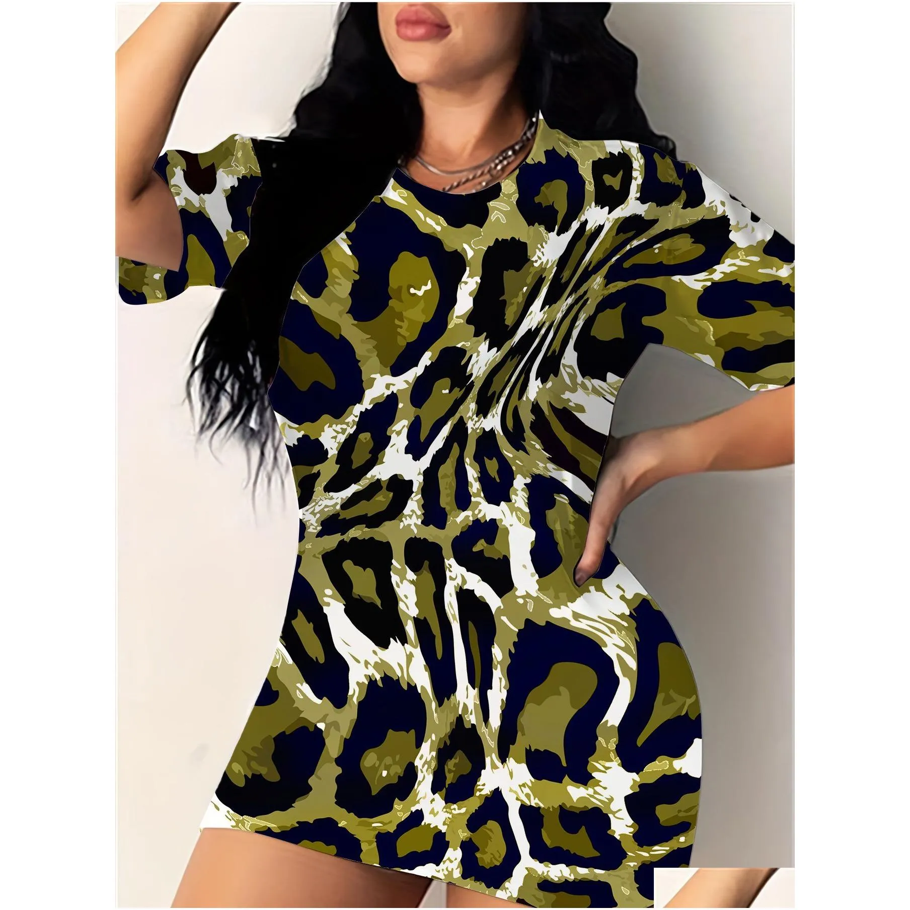 plus Size Casual Dr, Women`s Plus Leopard Print High Stretch Tank Sleep Dr Short Sleeve Round Neck Round Stretch Dr G9yb#