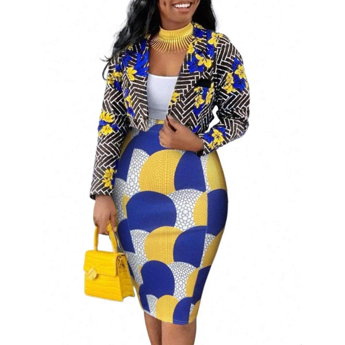 lw Plus Size Geometric Print Patchwork Blazer Skirt Set Autumn Elegant Lg Sleeve Lapel Neck Skinny 2 Piece Sets Women Outfit 468R#