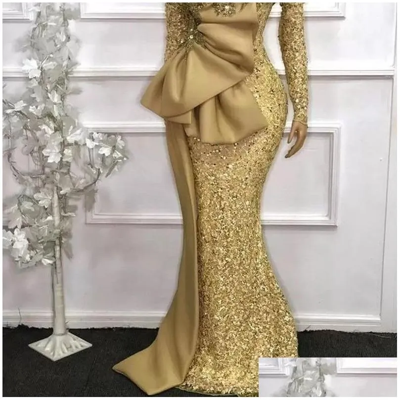 Gold African Mermaid Evening Dresses Glittering Sequined Long Sleeves Big Bow Satin Peplum Prom Party Gowns Plus Size Arabic Aso Ebi Women Vestidos De Festa