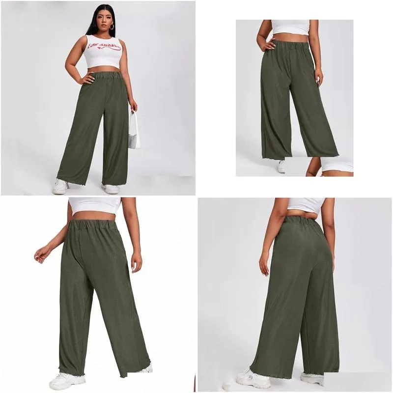 plus Size Elastic Waist Summer Elegant Wide Leg Pants Loose Rib Knitted Casual Straight Pants Trousers Plus Size Womens Bottoms S2pK#