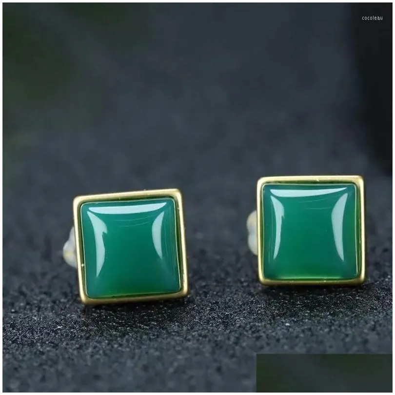 Stud Earrings Selling Natural Hand-carved Gold Color 24k Inlay Jade Square Studs Fashion Jewelry Men Women Luck Gifts