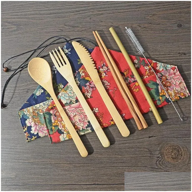bamboo flatware dinnerware set bamboo straw cutlery set with bag and brush