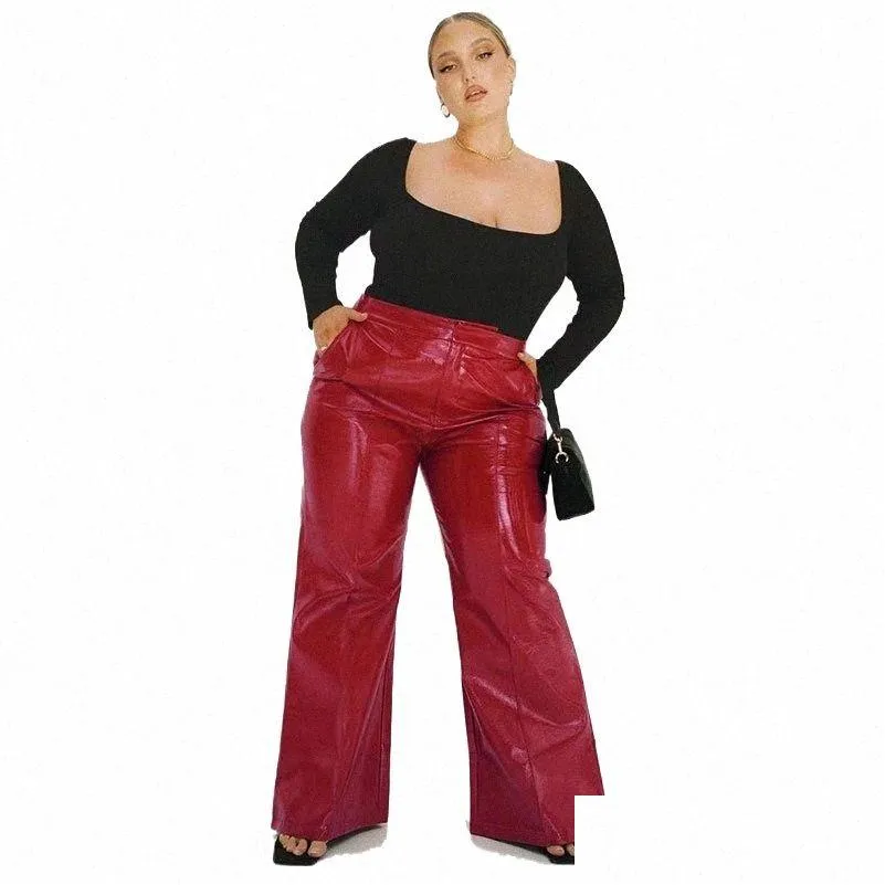 plus Size Women Shiny Patent Leather Trousers 7XL High Waist Faux Latex Straight Pants 8XL with Pocket Flare Pants 9XL Clubwear W7yc#