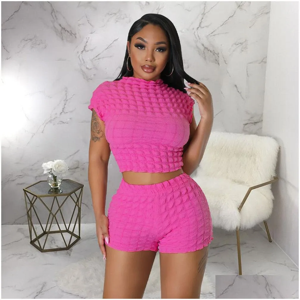 New Summer Tracksuits Two Piece Sets Women Bubble Outfits Beautiful Solid Sleeveless Crop Top vest and Shorts Casual Sportswear Bulk items Wholesale Clothes
