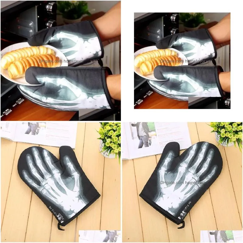 creative x-ray skeleton microwave oven glove heat resistant non-slip bbq baking glove kitchen accessories ovenwanten tool mitten