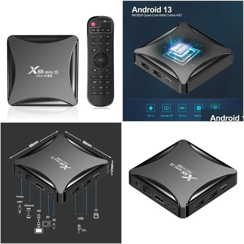 Android Tv Box X88 Mini 13 Smart 13.0 Rk3528 8K Hd 2.4G 5G Dual Wifi 2Gb 16Gb Set Top Media Player 4Gb 32Gb Drop Delivery Electronics Dhryc