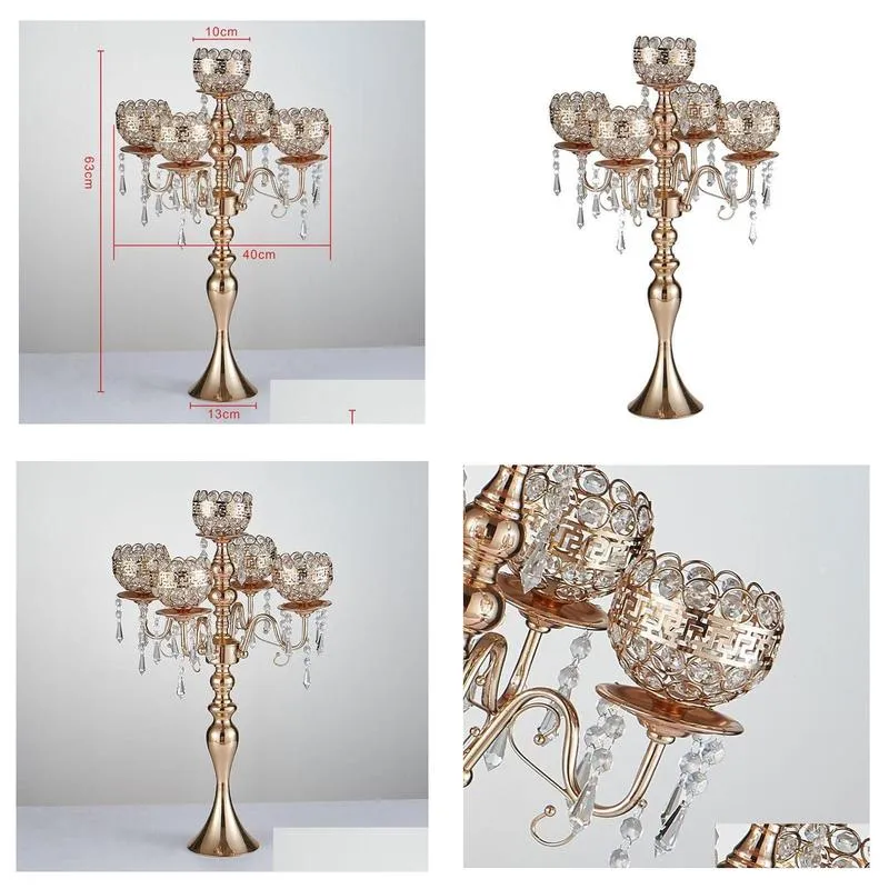 New style Tall 5-arms Metal Gold Candelabras With Pendants Romantic Wedding Table Candle Holder Home Decoration SN2725