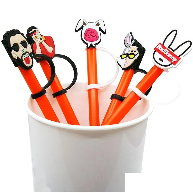 10pcs/set bad bunny straw toppers cover molds silicone charms for tumbers reusable splash proof drinking dust plug decorative 8mm straw