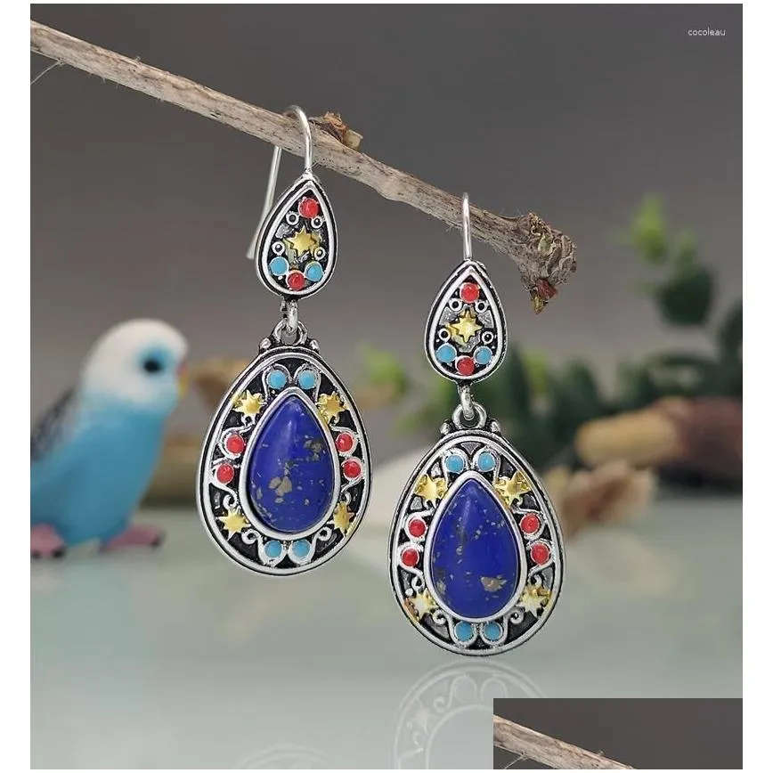 Dangle Earrings Vintage Separation Lapis Gold Color Stone Bohemian Ethnic Green Orchid Pendant Party Jewelry