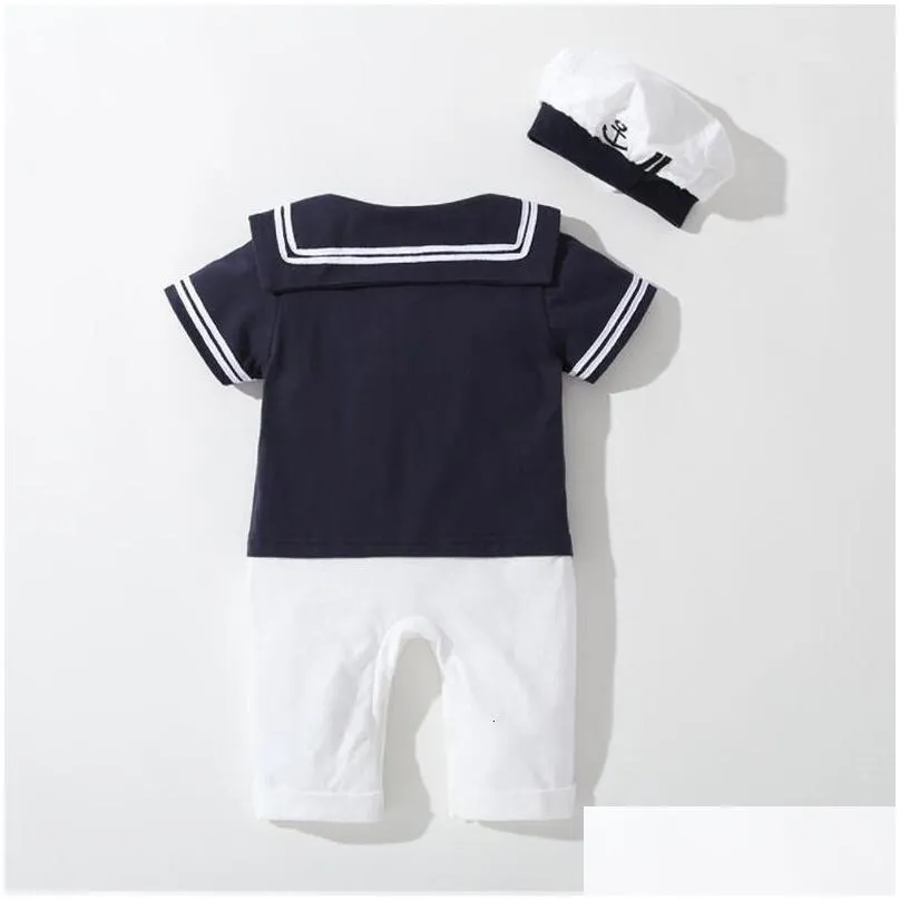 rompers baby navy romper summer born kids boys girls sailor jumpsuit hat 2pcs body short sleeve anchor printed suit 230812