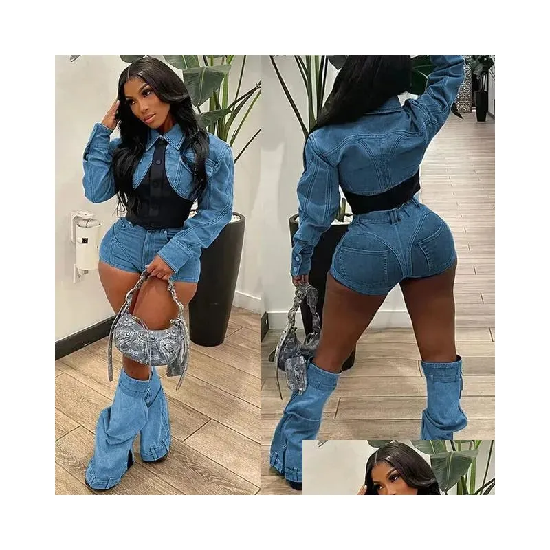 Women`S Tracksuits Women S Y Denim Jean 2 Piece Matching Pant Set Outfits 2023 Summer Clothes Y2K Biker Shorts Suits Sets Cropped Top Dho7Z