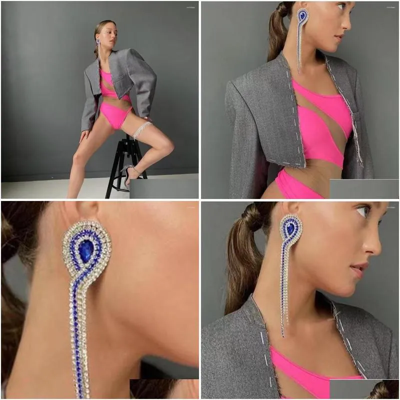 Dangle Earrings Shiny Blue Water Drop Rhinestone Tassel Chain Wedding Jewelry For Women Luxury Crystal Long Gift