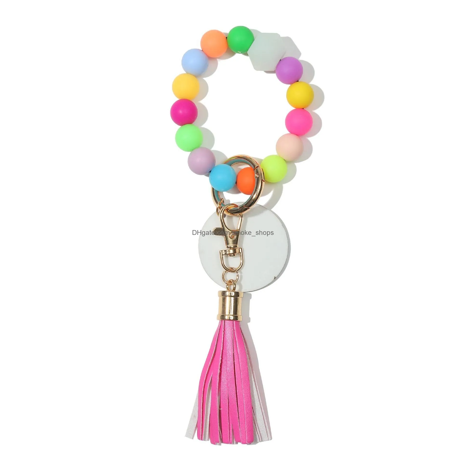 sublimation silicone glow beaded bracelet pendant keychain wristlet key ring bangle chains with leather tassel sublimation ornament