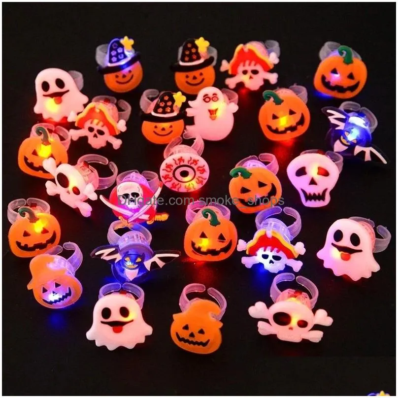 50pcs halloween led flashing light rings horror pumpkin ghost spider glow finger rings for kids halloween party cosplay supplies