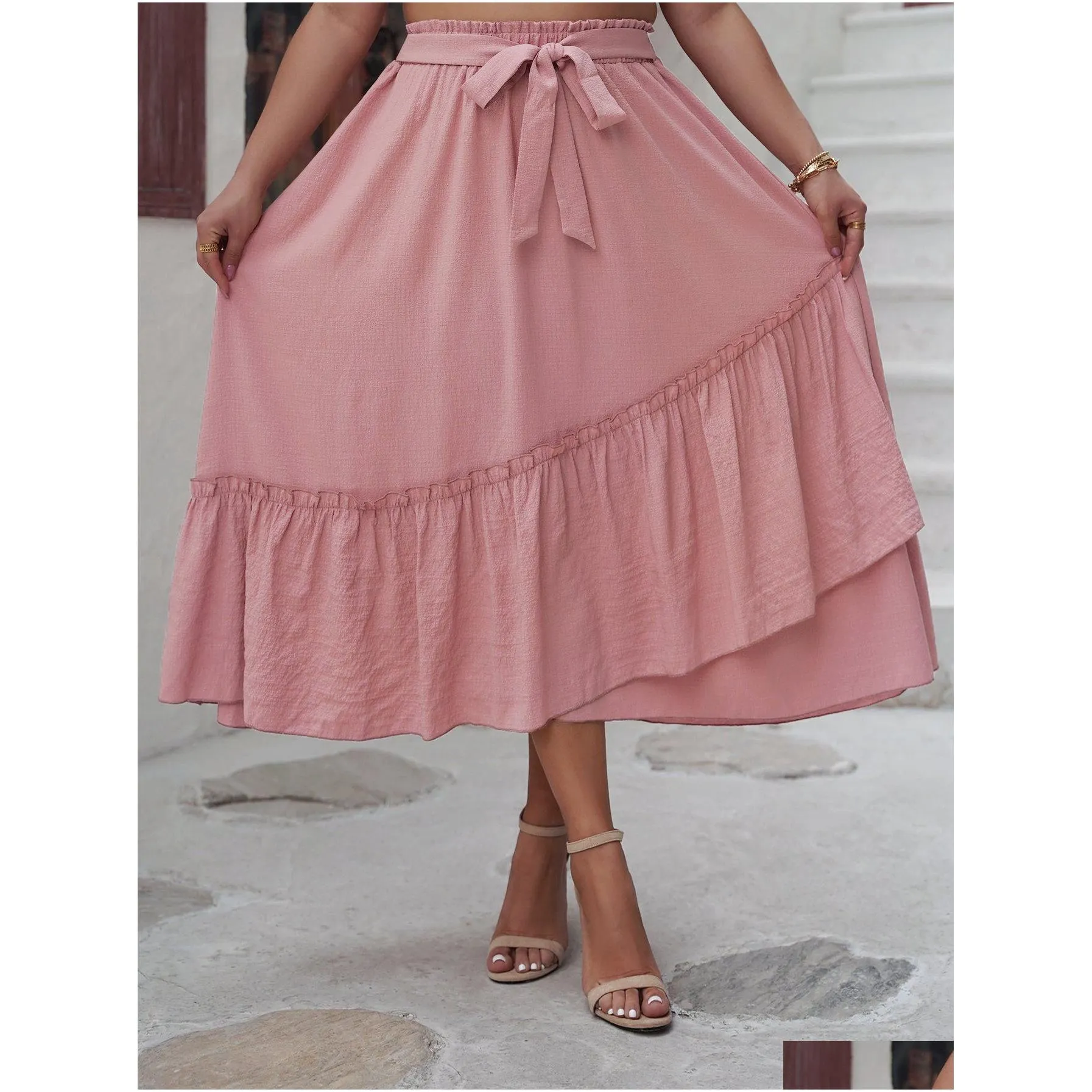 2024 New Spring Summer Plus Size Women Clothing Casual Ruffle Skirts Refreshing Pink Elastic Waisted A Line Skirt B2SP#