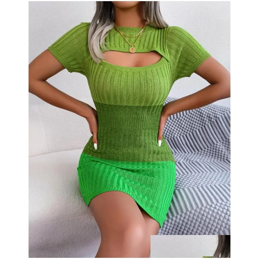 Fashion Women Casual Dresses Hollow Out Gradient Short Sleeve Knitted New Bodycon Dress
