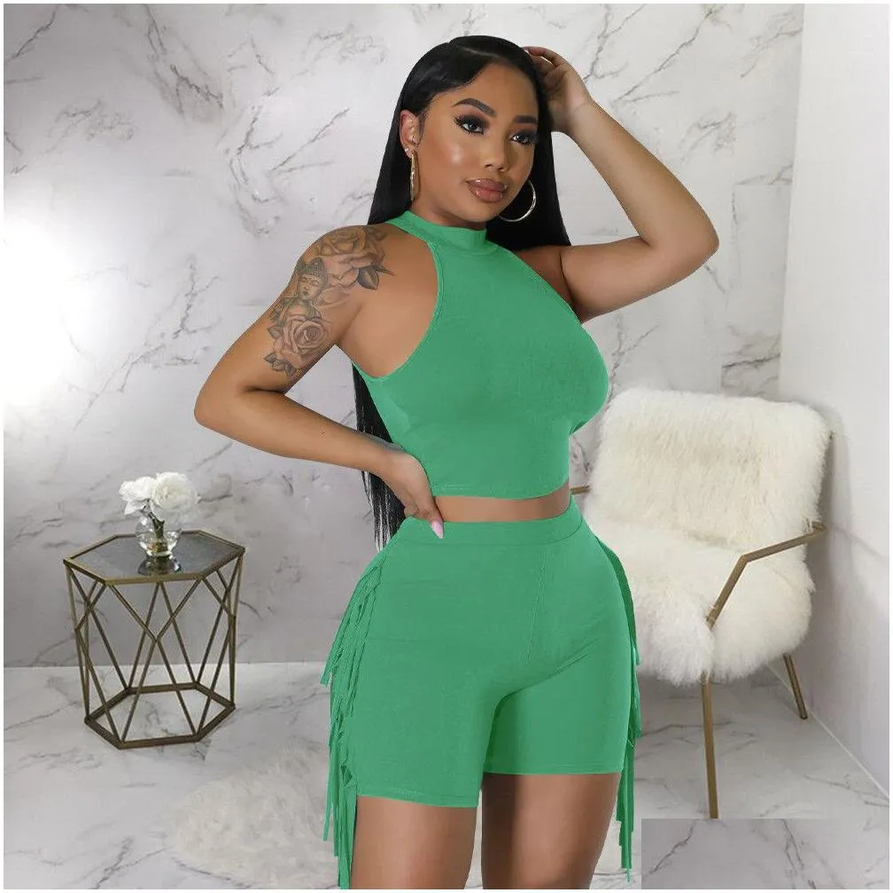 Designer Summer Outfits Women Tracksuits Two 2 Pieces Set Sleeveless Tank Top and Tassels Shorts Matching Solid Sportswear Bulk items Wholesale Clothes