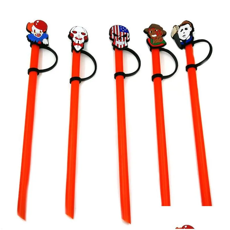 9pcs/set halloween horror straw toppers cover molds silicone charms for tumbers reusable splash proof drinking dust plug decorative 8mm straw