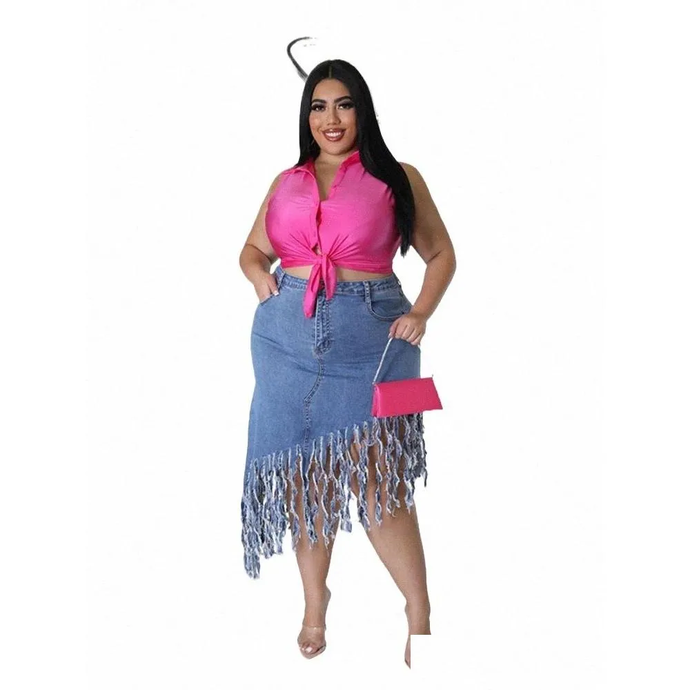 lg Denim Skirt for Women Elegant Chic Summer Large Size Skirt Tassel Fi Skirt Jeans Plus Size Wholesale Dropship T5e5#