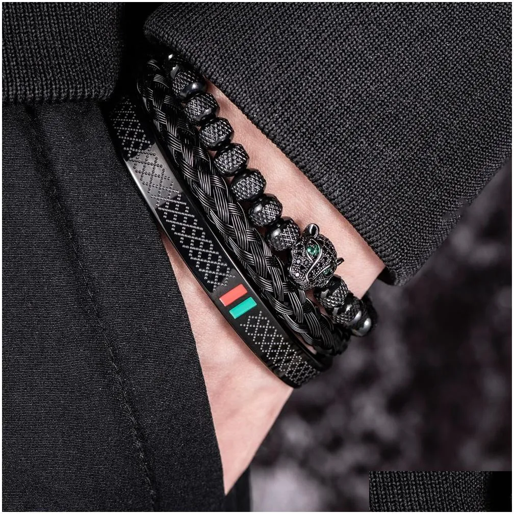 Luxury Handmade Braiding Bracelet Men Pave CZ Leopard Head Enamel Green Red Bracelet Stainless Steel Jewelry