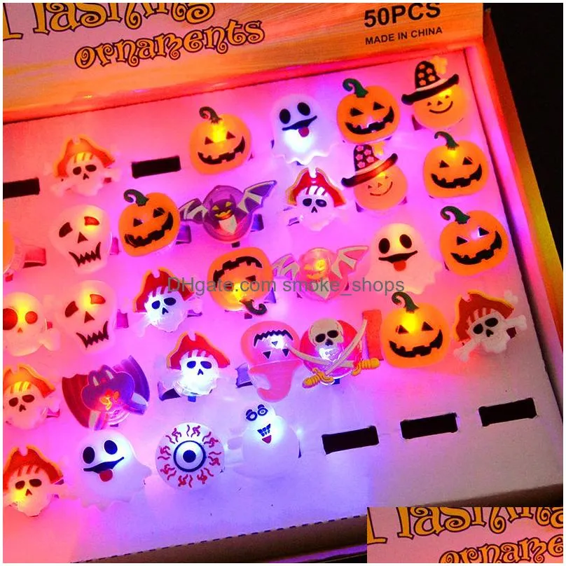 50pcs halloween led flashing light rings horror pumpkin ghost spider glow finger rings for kids halloween party cosplay supplies