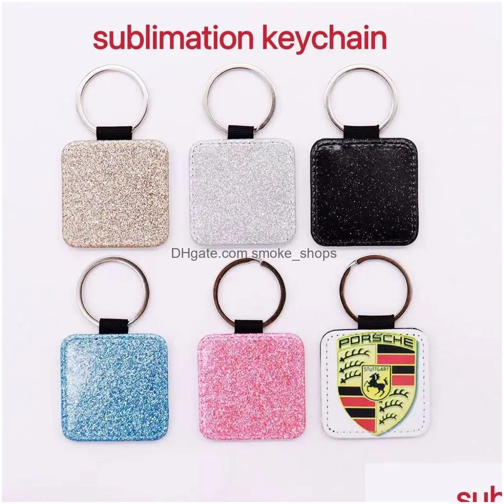 sublimation glitter leather keychains other arts and crafts gifts square shape key ring with bright powder heat transfer printing
