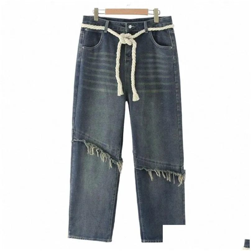 plus Size Jeans Women 2023 Spring Make Old Denim Straight Pants Belt BF Back Pocket Patch Trousers Curve Clothes m9vR#