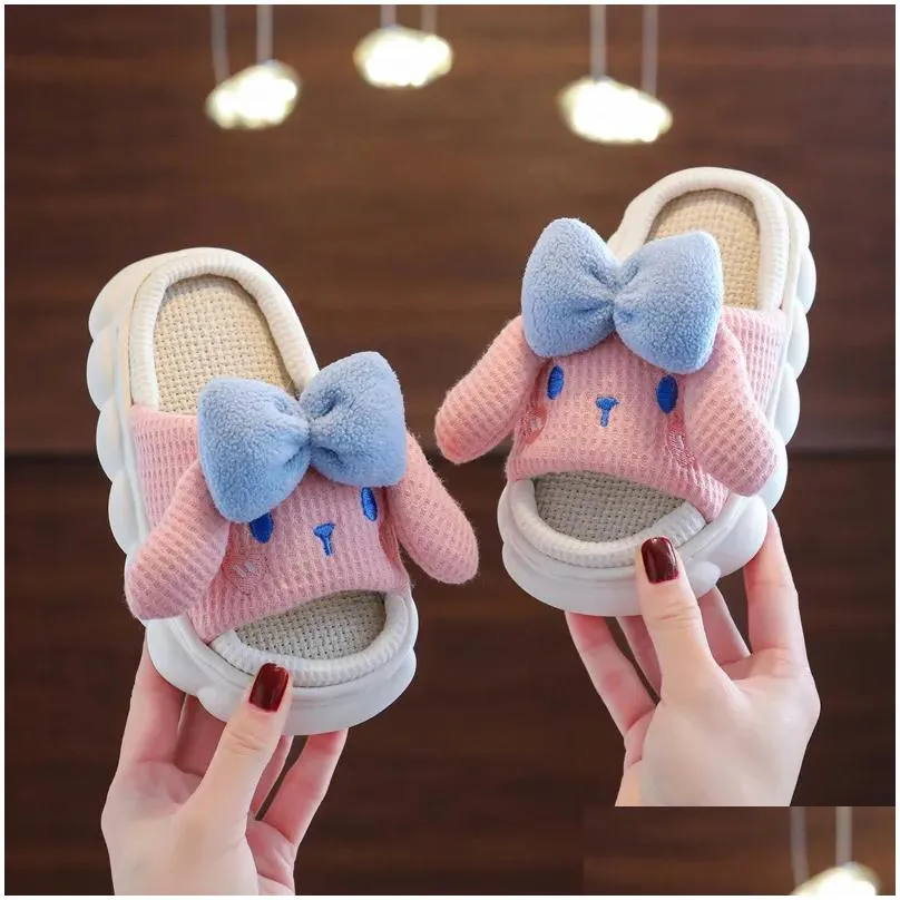 slipper childrens boys girls slippers bowknot slippers cute cartoon rabbit home slippers non-slip soft linen breathable kids slippers