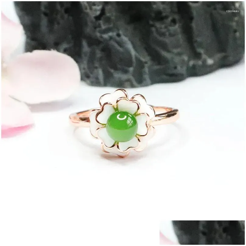 Cluster Rings Natural Green Hand Carved Water Drop Jade Ring Fashion Boutique Women`s Flower With Adjustable Opening