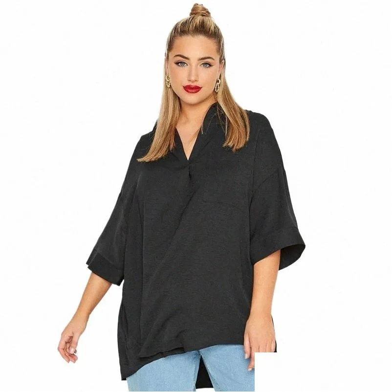 plus Size V-neck Spring Autumn Elegant Hi Low Blouse Women Loose 3/4 Sleeve Black Tunic Tops Large Size Blouse And Tops Shirt 6X e3pn#