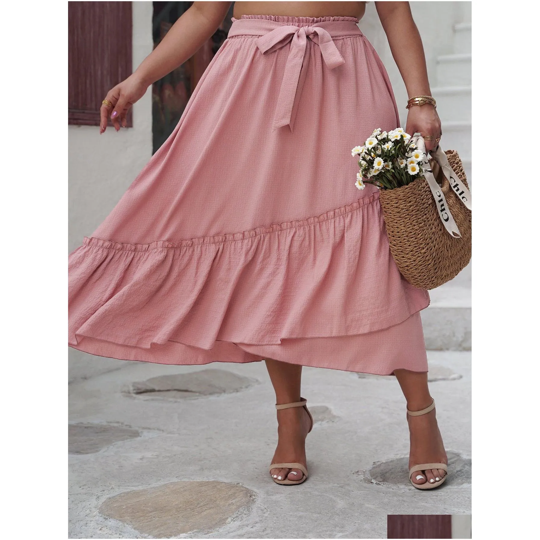 2024 New Spring Summer Plus Size Women Clothing Casual Ruffle Skirts Refreshing Pink Elastic Waisted A Line Skirt B2SP#