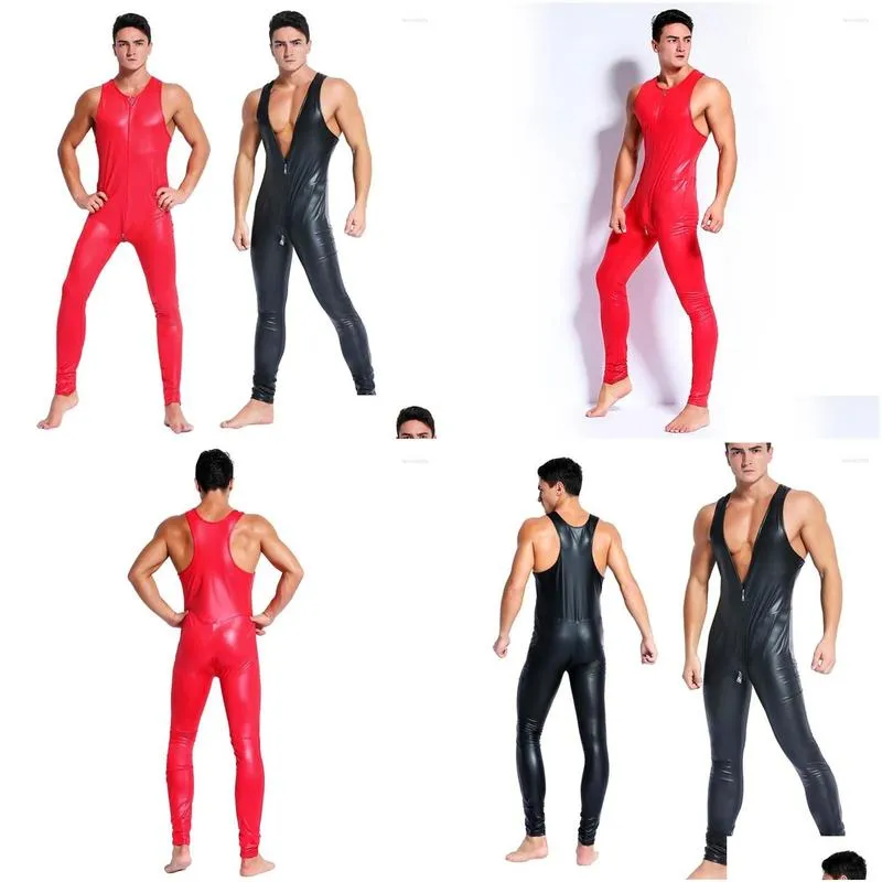 Men`S G-Strings Mens G Strings Y Men Pu Faux Leather Bodysuit Male Latex Catsuit Zipper Open Crotch Pvc Jumpsuit Erotic Body Wear Pol Dhweu