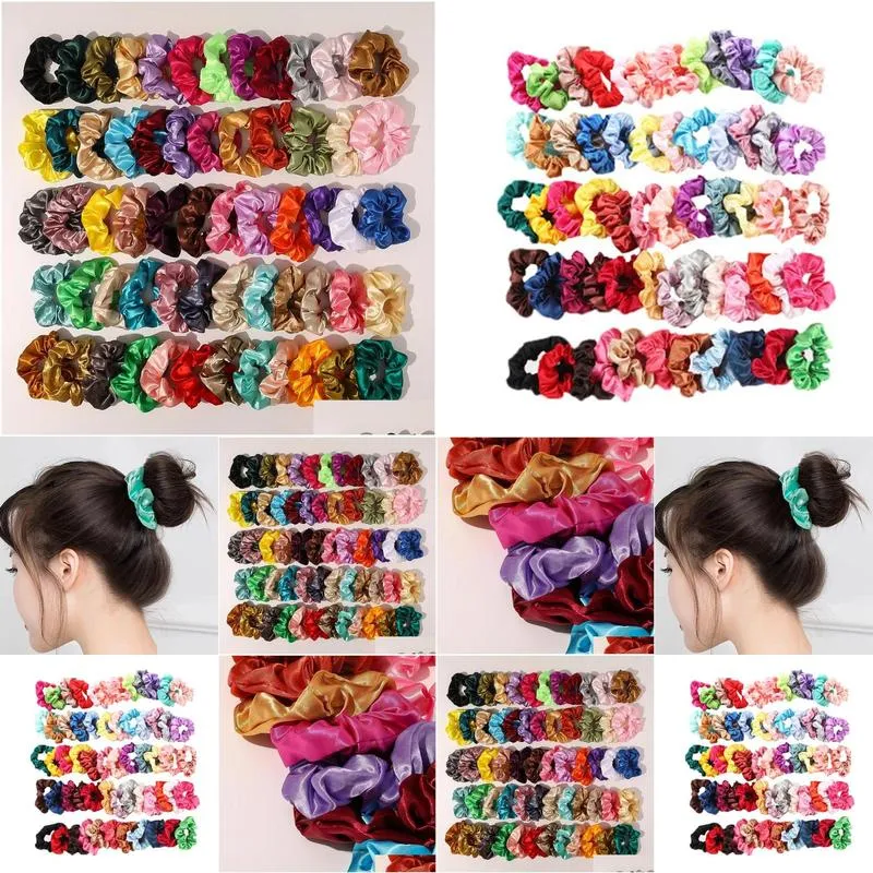 Other Home Decor 60 Color Vintage Hair Scrunchies Stretchy Satin Scrunchie Pack Women Elastic Bands Girls Headwear Plain Rubber Ties M Dhg0K