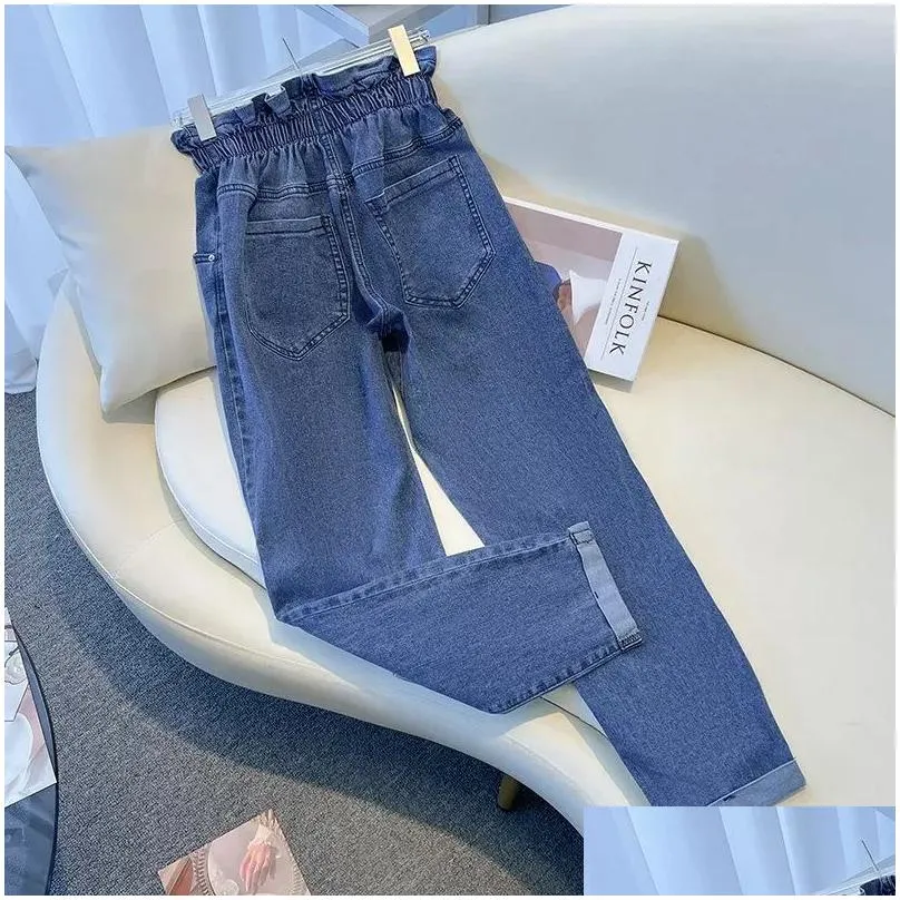 plus Size Women Fi Street Lg Jeans Large Loose Elastic Waist Pocket Denim Trousers Korean Female 3XL 4XL 5XL 6XL 7XL q6m8#