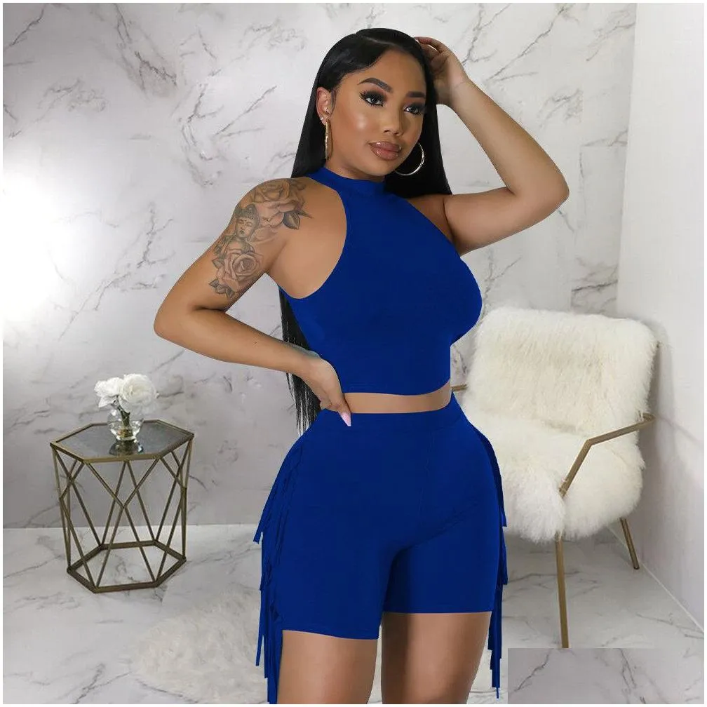 Designer Summer Outfits Women Tracksuits Two 2 Pieces Set Sleeveless Tank Top and Tassels Shorts Matching Solid Sportswear Bulk items Wholesale Clothes