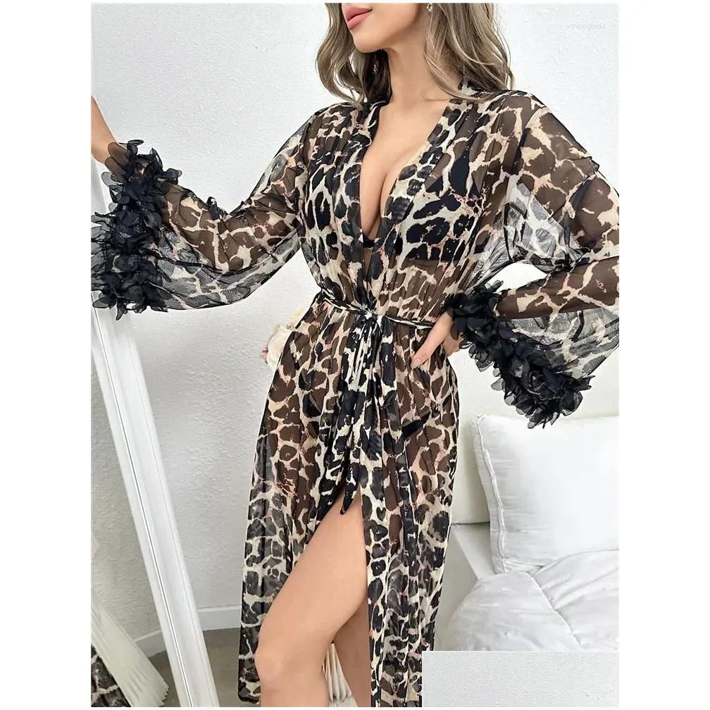 Women`S Sleepwear Womens Women Leopard Print Nightgown Y Long Sleeves V Neck Nightwear Wraparound Open Front Waist Strap Casual Femal Dhw12