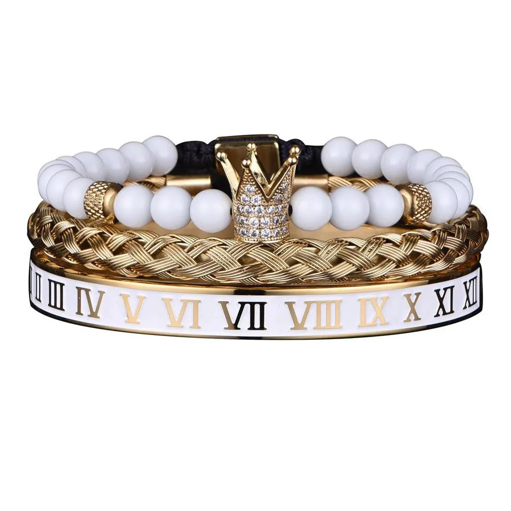 Luxury Set Crown Charm Gold Color Skull Bracelet Stainless Steel Men White Enamel Roman Number Bangles Europe Fashion Jewelry