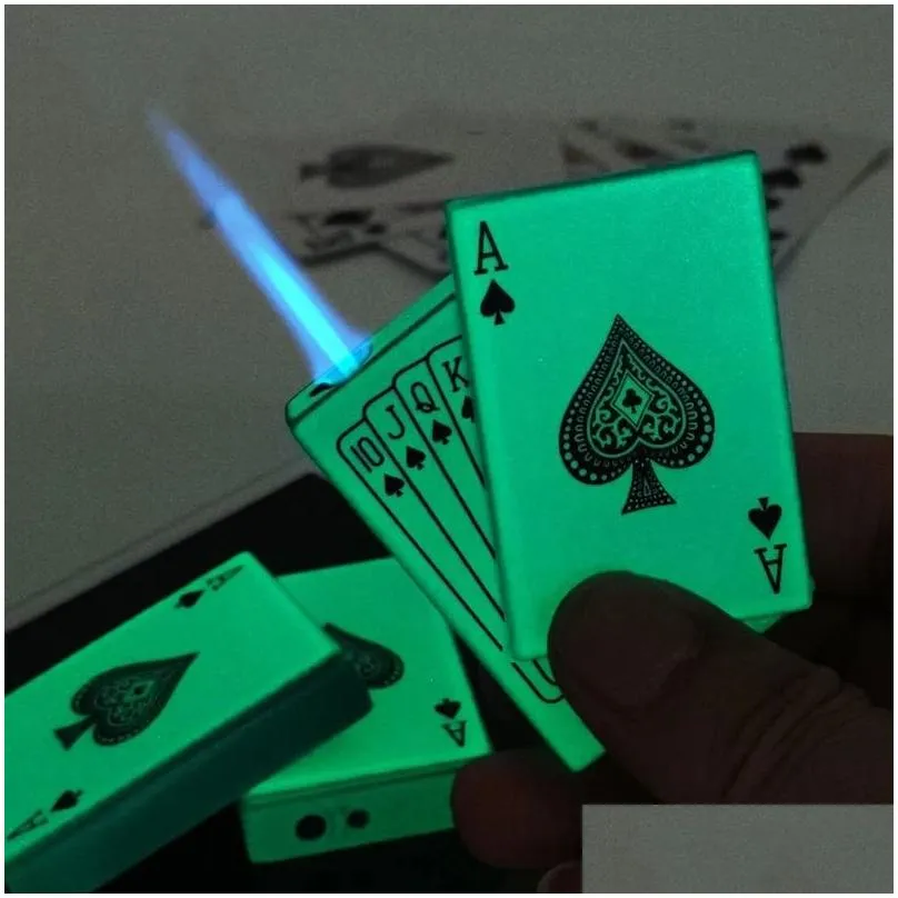Lighters Creative  Torch Green Flame Poker Lighter Metal Windproof Playing Card Novel Funny Toy Smoking Accessories Gift I Drop Del Dhm5S