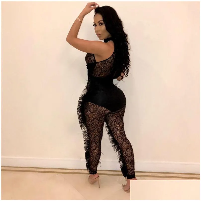 Plus size Women feather sheer white black Jumpsuits fashion mesh bodysuits sexy skinny leggings Casual fashion sleeveless Overalls