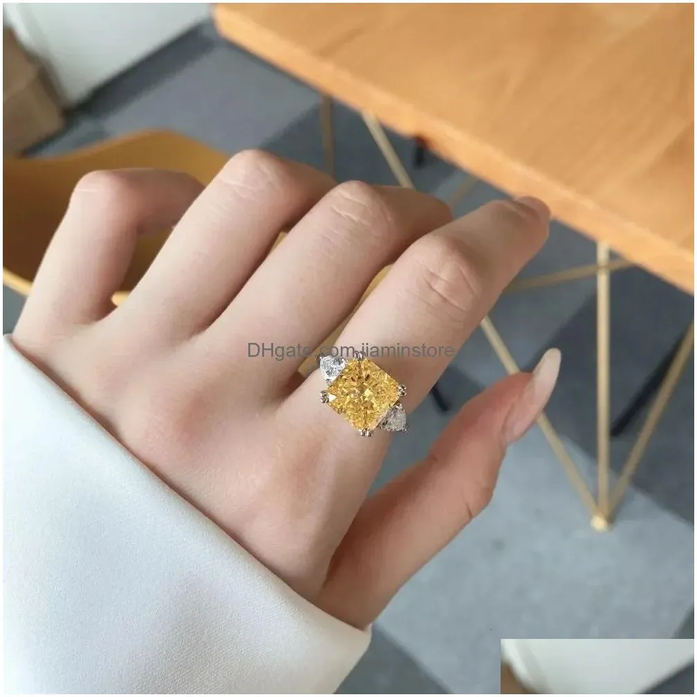 Band Rings PANSYSEN Luxury 925 Sterling Silver Crushed Ice Cut Citrine High Carbon Diamond Gemstone Wedding Party Jewelry Ring Wholesale