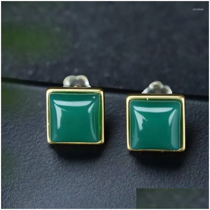 Stud Earrings Selling Natural Hand-carved Gold Color 24k Inlay Jade Square Studs Fashion Jewelry Men Women Luck Gifts