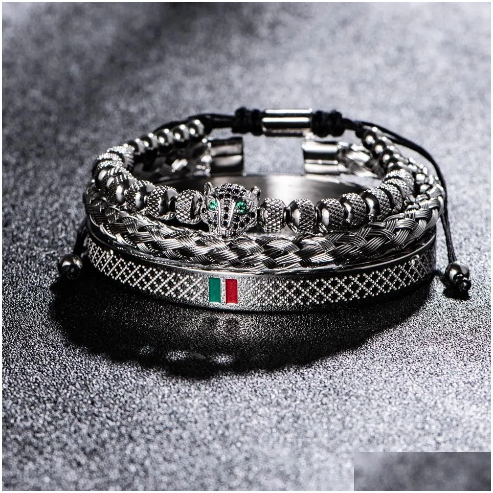 Luxury Handmade Braiding Bracelet Men Pave CZ Leopard Head Enamel Green Red Bracelet Stainless Steel Jewelry