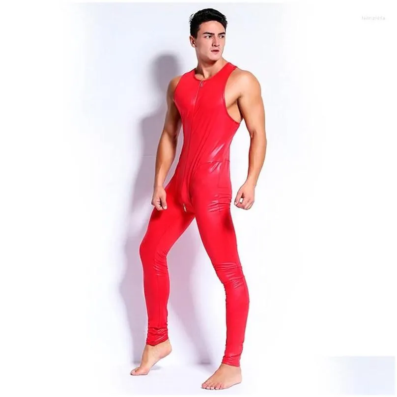 Men`S G-Strings Mens G Strings Y Men Pu Faux Leather Bodysuit Male Latex Catsuit Zipper Open Crotch Pvc Jumpsuit Erotic Body Wear Pol Dhweu