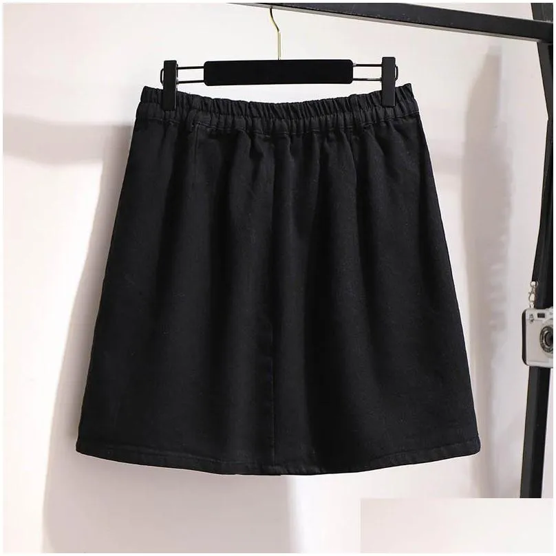 150kg Plus Size Women`s Spring Summer Pockets Butt A-Line Denim Skirt Black Blue Hip 154cm 5XL 6XL 7XL 8XL 9XL v61A#