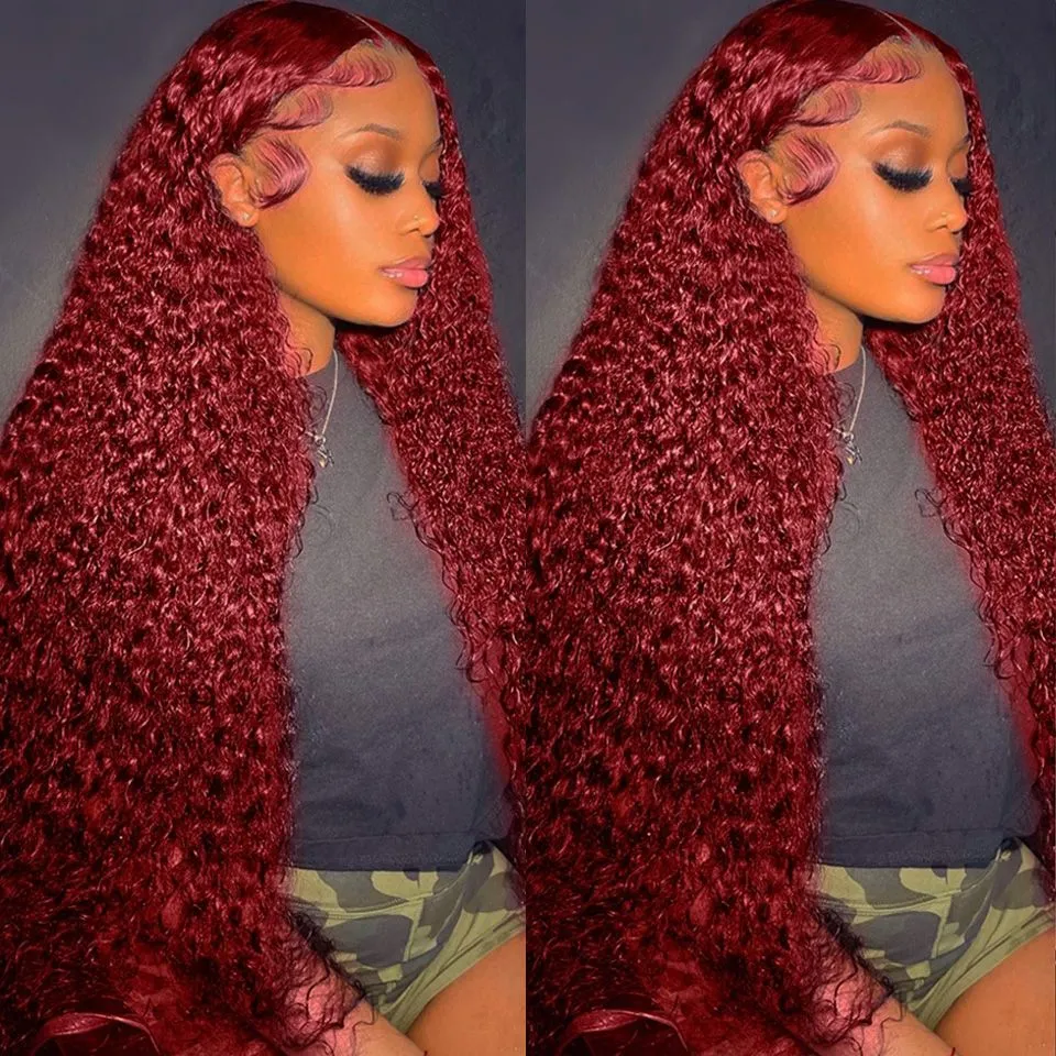Colored Red Lace Front Human Hair Wigs Curly Hd Lace Frontal Wig For Women Deep Wave Burgundy 13x4 Transparent Glueless Red Wig