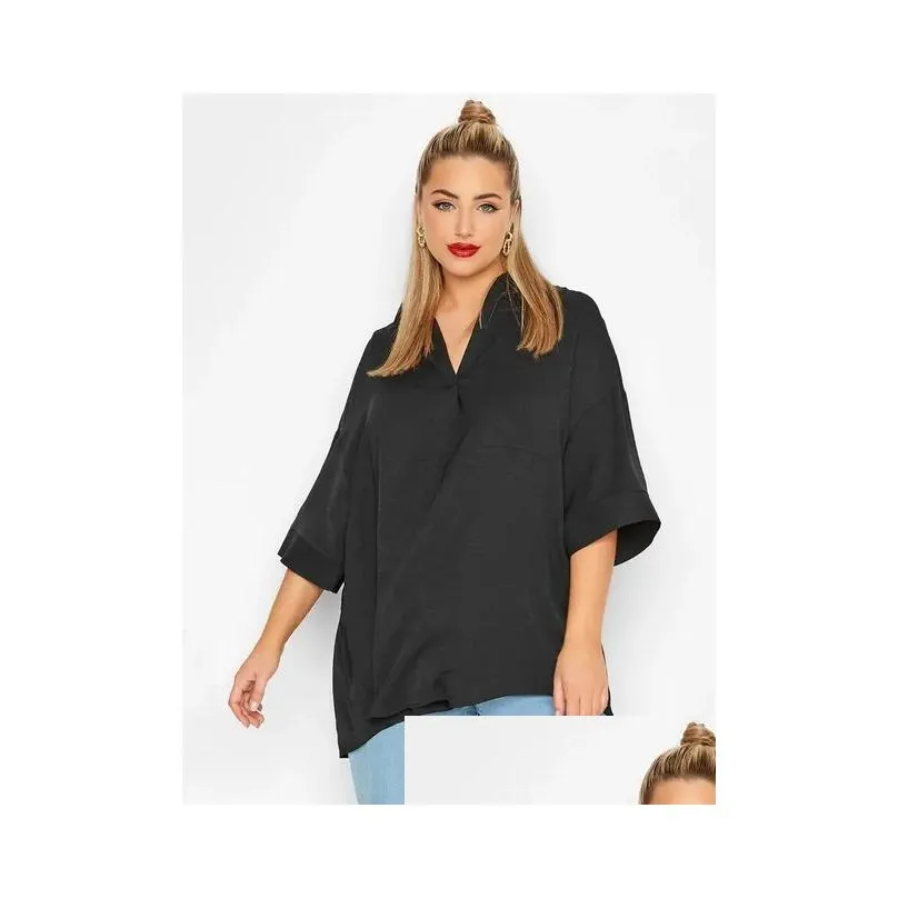 plus Size V-neck Spring Autumn Elegant Hi Low Blouse Women Loose 3/4 Sleeve Black Tunic Tops Large Size Blouse And Tops Shirt 6X e3pn#