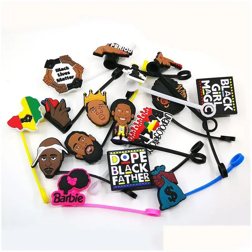 custom soft black lives matter silicone straw toppers accessories cover charms reusable splash proof drinking dust plug decorative 8mm straw party