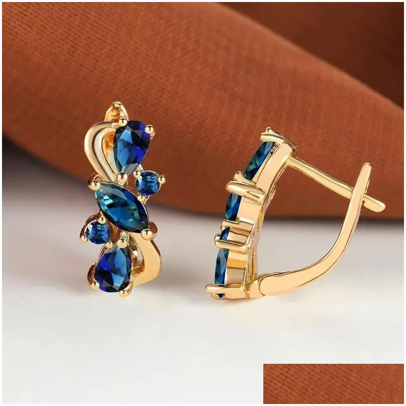 Hoop Earrings Elegant Dark Blue Stone Flower INS Russian Style 18K Gold Plated Teardrop Shape Crystal Clips Jewelry
